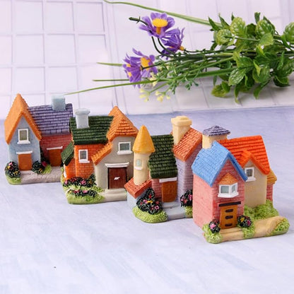 Resin Miniature House 4PCS Miniature House Fairy Gardening Micro Landscape Village Stone House Bonsai Terrarium Crafts Ornaments Accessories Home Decoration (B)