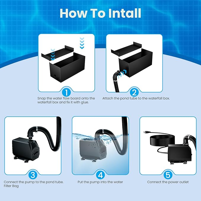Biling 8 Inch Pond Waterfall Spillway Kit, 304 Stainless Steel Waterfall Box, 40W 660GPH Submersible Pump, 9.8FT Corrugated Tubing & Fittings, Adjustable Flow for Mini Pond & Patio Water Features