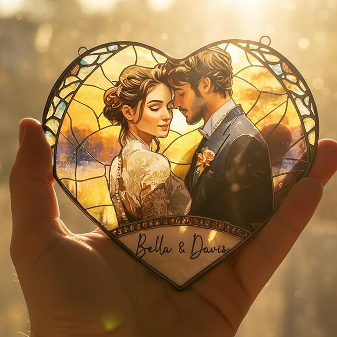 NAZENTI Custom Couple Photo Stained Glass Suncatcher - Gifts for Valentine Birthday Anniversary, Personalized Couples Portrait Window Hanging for Him Husband Wife, Couple Keepsake Heart