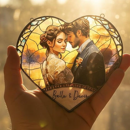 NAZENTI Custom Couple Photo Stained Glass Suncatcher - Gifts for Valentine Birthday Anniversary, Personalized Couples Portrait Window Hanging for Him Husband Wife, Couple Keepsake Heart