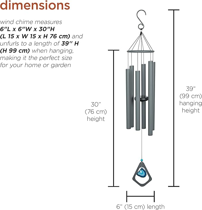 Alpine Corporation 39" Aluminum Tuned Wind Chimes with Blue Gemstone Windcatcher, Gray