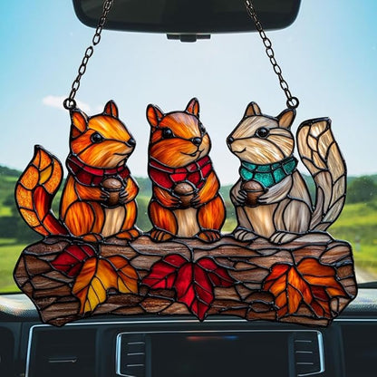 Autumn Squirrel Acrylic Suncatcher Stained Glass Effect Window Car Hanging Christmas Ornament Indoor Outdoor Decor Garden Sun Catcher Panel for Acrylic Suncatcher Lover for Women Mom Grandma