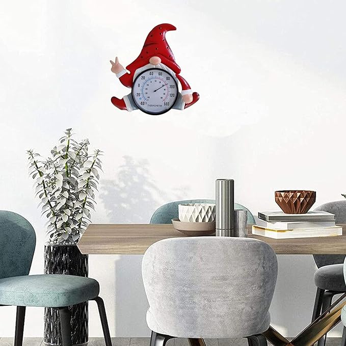 Metal Gnome Thermometer Indoor Outdoor Wall Art Decor Plaque Sculpture Hanging Mounted for Living Room Bedroom Kitchen Workroom Patio, Waterproof,No Battery Required