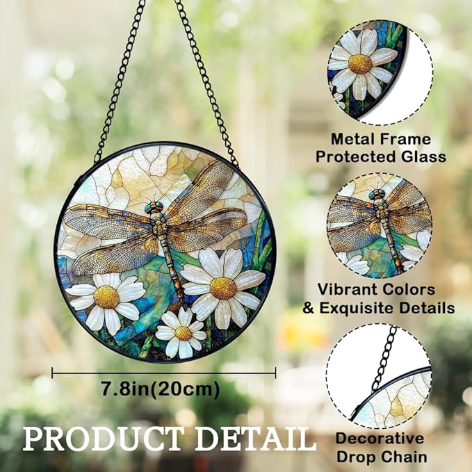Dragonfly Suncatchers Stained Glass Window Hanging, Dragonfly Flower Sun Catchers Indoor Window Glass Round Wall Decor, Nature Insect Floral Wall Hanging Decorations, 7.9x7.9in