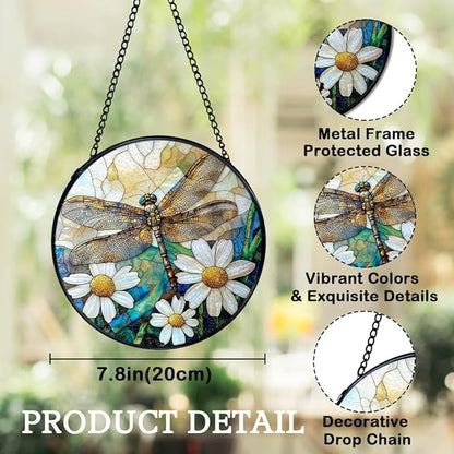 Dragonfly Suncatchers Stained Glass Window Hanging, Dragonfly Flower Sun Catchers Indoor Window Glass Round Wall Decor, Nature Insect Floral Wall Hanging Decorations, 7.9x7.9in
