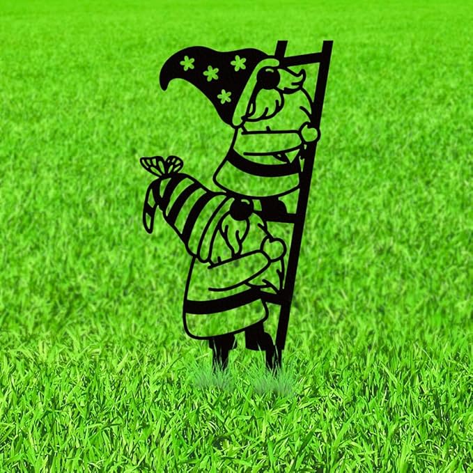 WADORN Funny Climbing Ladder Gnomes Metal Decorative Garden Stakes, Black Gnome Theme Outdoor Statues Silhouette Gnomes Lover Gifts Stakes Ornaments for Yard Art Garden Patio Backyard Lawn Decors