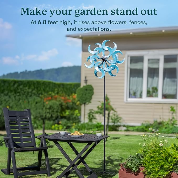 87" Wind Spinner Outdoor with Solar Light, Large Metal Wind Sculptures Spinners, Windmill for Garden Yard Patio Lawn Decor - Azure Moon (23" W x 87" H)