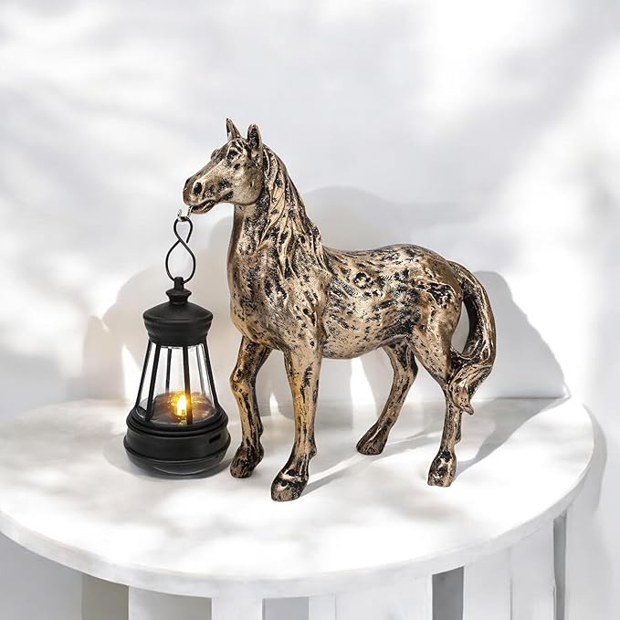 Horse Garden Statue with Lantern 7.5x6.8 inch, Solar Lighted Outdoor Figurine Sculpture for Yard Lawn Patio Farmhouse, Whimsical Home Decor, Gift for Housewarming Birthday Christmas (Bronze Color)
