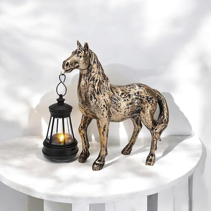 Horse Garden Statue with Lantern 7.5x6.8 inch, Solar Lighted Outdoor Figurine Sculpture for Yard Lawn Patio Farmhouse, Whimsical Home Decor, Gift for Housewarming Birthday Christmas (Bronze Color)