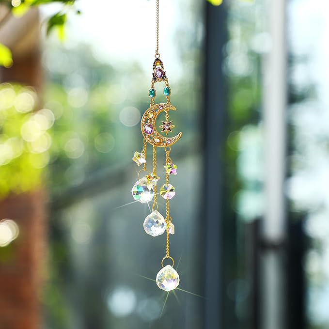 H&D HYALINE & DORA Handmade Crystal Moon&Star Prisms Suncatchers, Glass Window Hanging Ornament, Rainbow Rhinestones Decor for Home Garden Imitation Jewellery