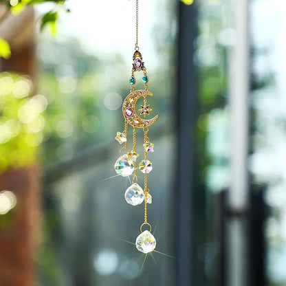 H&D HYALINE & DORA Handmade Crystal Moon&Star Prisms Suncatchers, Glass Window Hanging Ornament, Rainbow Rhinestones Decor for Home Garden Imitation Jewellery