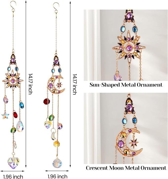 2 Pcs Crystal Hanging Ornaments, Sun & Moon Crystal Suncatcher, Hanging Crystals for Decoration, Window Ornament, Home Decoration, Ideal Gift