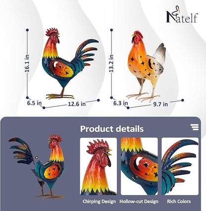 Natelf Solar Rooster and Hen Statue, Outdoor Metal Chicken Decor with Solar Lights, Hand-Painted Farmhouse Garden Art for Yard, Patio, Chicken Coop - Housewarming Gifts Set of 2
