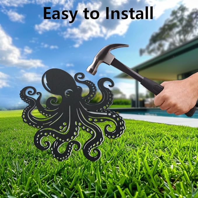 WADORN Octopus Metal Decorative Garden Stakes, Octopus Funny Metal Outdoor Statues Ocean Theme Silhouette Ornament Marine Life Gifts Animal Outdoor Stakes for Yard Garden Patio Lawn Walkway Ornaments