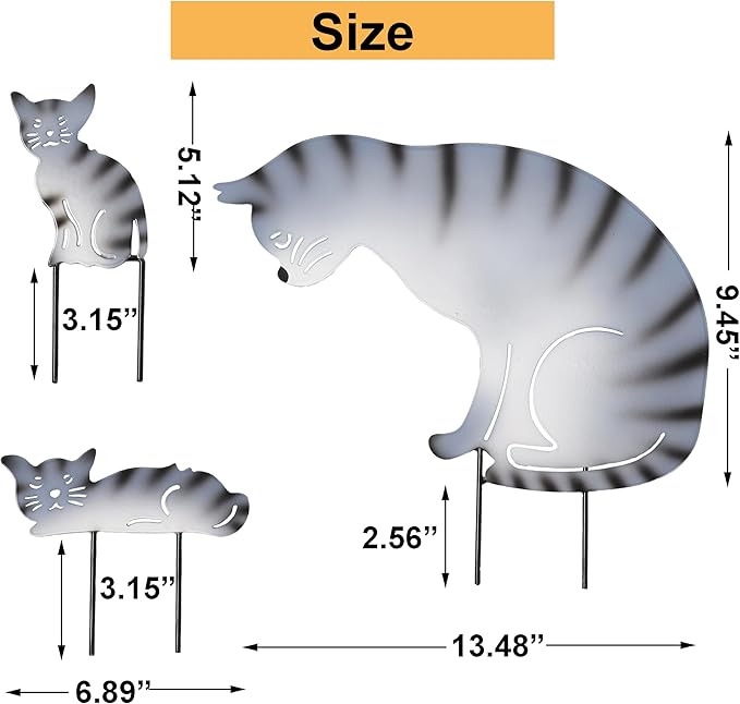 3 Pack Metal Cat Family Garden Statues, Outdoor Decorative Silhouette Stakes for Yard and Patio Lawn Ornaments - Animal Sculpture Art (Grey)