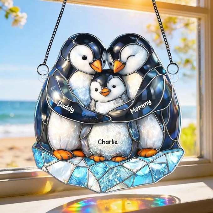 Personalized Penguin Family Acrylic Sun Catcher Ornament Gift for Grandma Mom Dad Grandpa, Custom Kids Names Window Decor, Mothers Day Birthday Gifts for Mimi Nana Papa from Grandkids