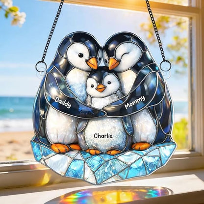 Personalized Penguin Family Acrylic Sun Catcher Ornament Gift for Grandma Mom Dad Grandpa, Custom Kids Names Window Decor, Mothers Day Birthday Gifts for Mimi Nana Papa from Grandkids