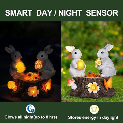 Garden Statues Rabbit with Solar Lights Bunny Figurines Outdoor Decorations for Home Lawn Patio Balcony Backyard for Women Mom Grandma Easter or Birthday