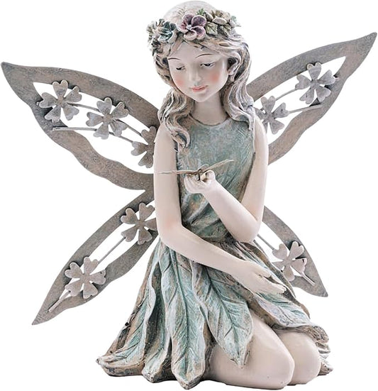 Napco Decorative 8 Inch Indoor or Outdoor Sculpture Figurine Garden Statue Green and Pink Flower Fairy With Dragonfly