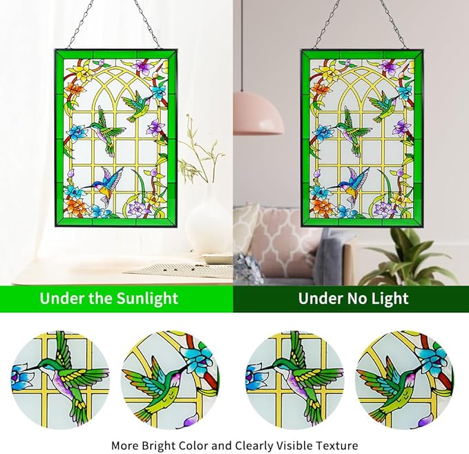 Viveta Hummingbird Stained Glass Window Hanging, Suncatchers Stained Glass Panels Hand-Painted Art Decor with Chain, Gift for Mom Grandma Christmas Decor 10 * 15"