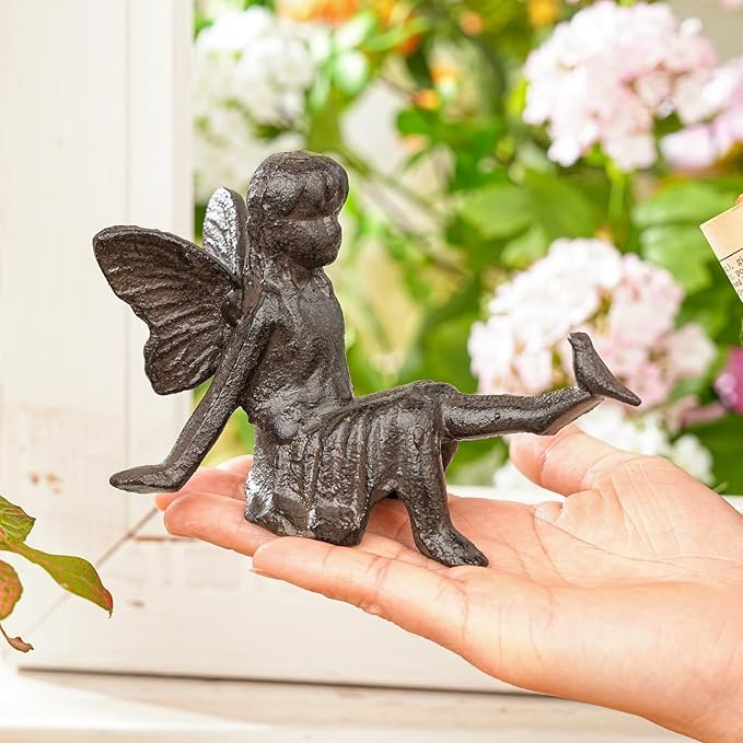 Sungmor Cast Iron Fairy Statue,3.4" Vintage Black Brown Garden Figurine,Rustic Indoor Outdoor Desk Ornament for Patio,Bookshelf Decor