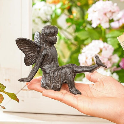 Sungmor Cast Iron Fairy Statue,3.4" Vintage Black Brown Garden Figurine,Rustic Indoor Outdoor Desk Ornament for Patio,Bookshelf Decor