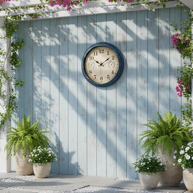 Large Outdoor Clock with Thermometer & Hygrometer Combo, 16 Inch Vintage Blue Coastal Decor Waterproof Indoor Outdoor Wall Clocks for Patio, Pool, Garden, Backyard