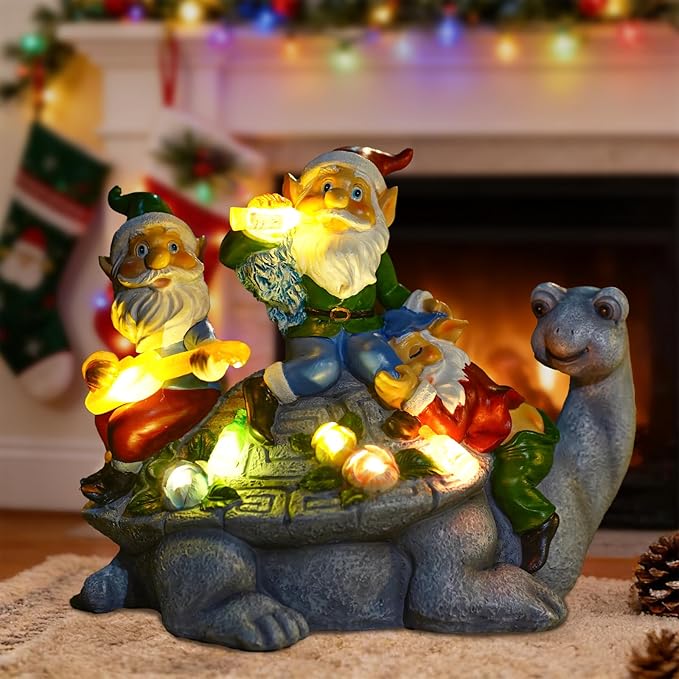Solar Garden Outdoor Statues Gnome Turtle Three Gnomes Having Party on Turtle with 7 LED Lawn Decor Outside Decorations for Patio, Balcony, Yard Ornament Unique Garden Gift