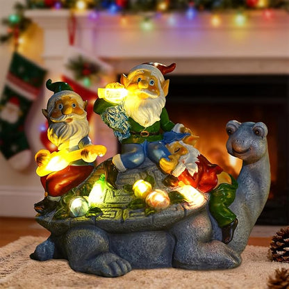 Solar Garden Outdoor Statues Gnome Turtle Three Gnomes Having Party on Turtle with 7 LED Lawn Decor Outside Decorations for Patio, Balcony, Yard Ornament Unique Garden Gift