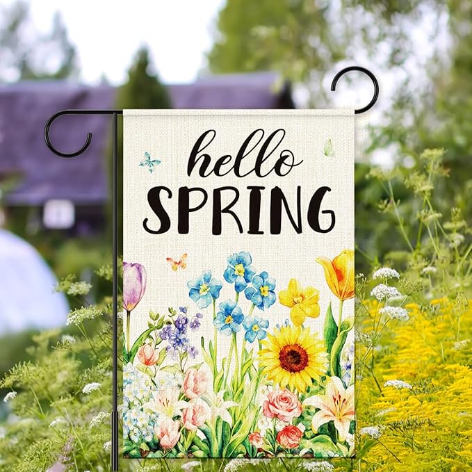 Hello Spring Garden Flag for Outside,Spring Flowers Garden Flag,Seasonal Floral Yard Lawn Porch Flags for Outdoor Decorations 12x18 Inch Double Sided
