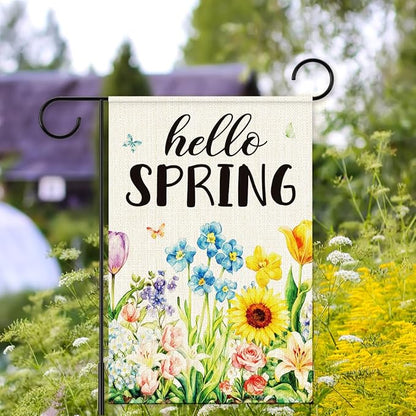 Hello Spring Garden Flag for Outside,Spring Flowers Garden Flag,Seasonal Floral Yard Lawn Porch Flags for Outdoor Decorations 12x18 Inch Double Sided