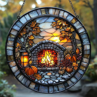 Cozy Autumn Fireplace Acrylic Suncatcher Stained Glass Effect Window Car Hanging Christmas Ornament Indoor Outdoor Decor Garden Sun Catcher Panel for Halloween Lover for Women Mom Grandma