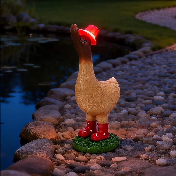Garden Duck Statues with Solar Hat Light Outdoor Decor, Cute Runner Duck Figurines for Yard Patio Lawn, Animal Ornaments Resin Crafts, Gifts for Women Mom Housewarming