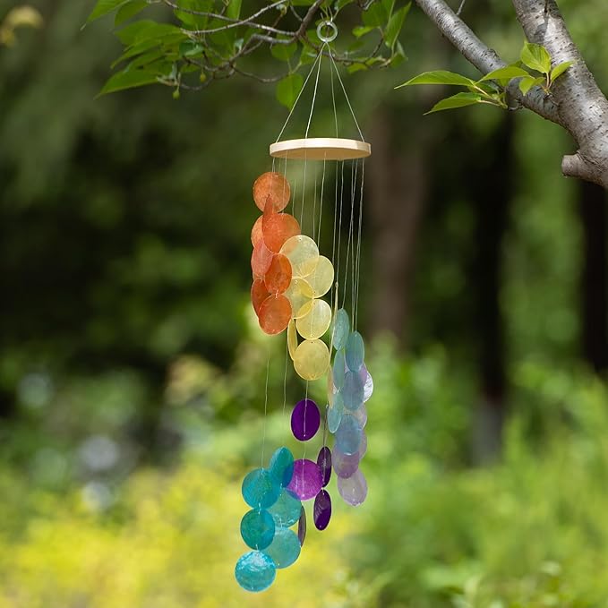 Colorful Gradient Spiral Shape Capiz Shells Windchime,Shell Wind Chimes for Outside,Coastal Wind Chimes for Indoor/Outdoors,Seashell Wind Chimes,Best Hanging Decor for Balconies,Garden,Yard