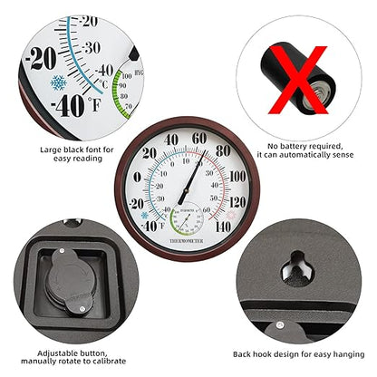 Indoor Outdoor Thermometer Large Numbers 12 Inch Wall Weather Thermometer Hanging Garden Decor Hygrometer No Battery Needed (Brown)