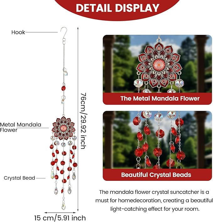 Crystal SunCatcher for Window, Sun Catchers with Crystals, Hanging Crystals Rainbow Maker, Wind Chime, Hanging Crystal for Decoration (Red)
