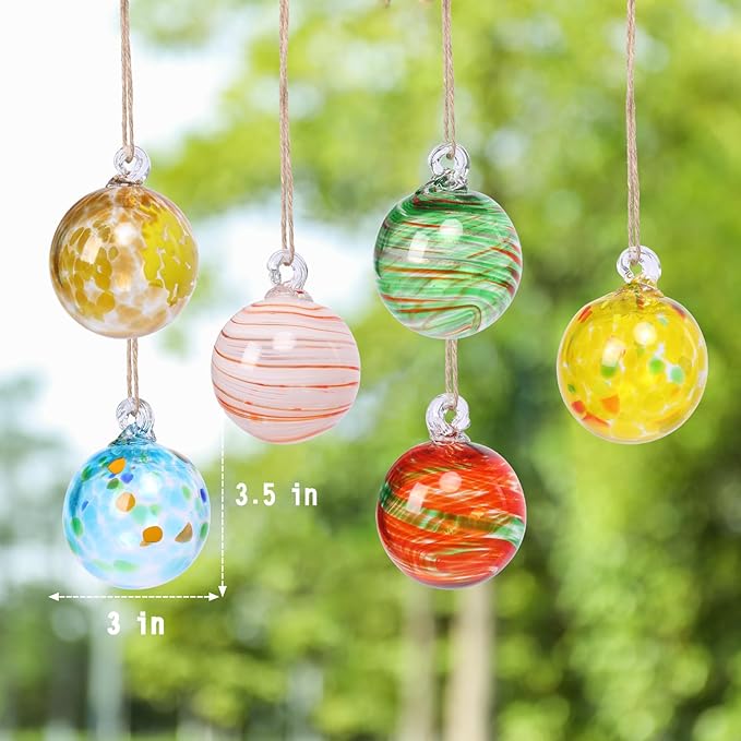 VCUTEKA Hanging Garden Gazing Ball, Hand-Blown Glass Witch Ball for Outdoor Garden Décor, 6pcs 3" Colorful Swirl