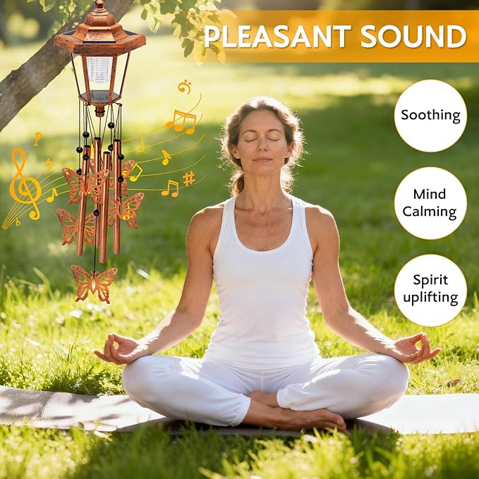Large Solar Butterfly Wind Chimes with Wind Catcher/Solar Decor Light to Create a Zen Atmosphere Decor for Outdoor Garden Balcony, Classic Bronze Wind Chimes, Gifts for Mom Grandma Women Wife Daughter