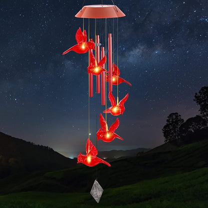 Cardinal Solar Wind Chimes,Red Bird Chimes for Outside Garden Decor, Garden Gifts Women Birthday/Thanksgiving/Christmas, for Mom/Grandma/Daughter