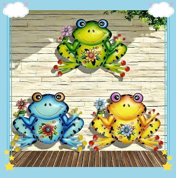 HEAVYSEVEN Metal Frog Wall Art Garden Iron Craft for Indoor/Outdoor Decoration, Suitable for Home Garden Room Decors (Yellow)