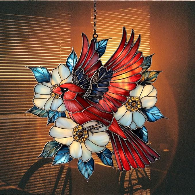 Flying Red Cardinal Acrylic Suncatcher Stained Glass Effect Window Car Hanging Christmas Ornament Indoor Outdoor Decor Garden Sun Catcher Panel for Cardinal Lover for Women Mom Grandma
