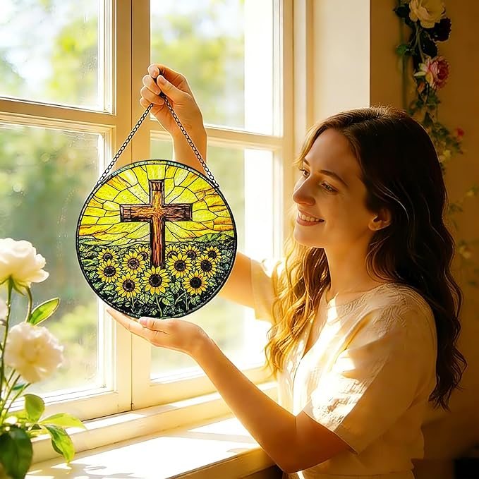 Stained Glass Window Hanging, 8 Inch Stained Glass Cross Sunflower Suncatcher, Christian Sun Catchers Indoor Window, Flower Cross Religious Home Garden Decor, Easter Faith Christian Gifts for Women