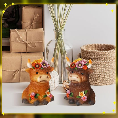 Rossesay 2 Pack Highland Cow Solar Lights Outdoor Garden Gnome Statues Resin Lamp Decor Waterproof Stake Lights Highland Cow Gifts for Yard Patio Lawn Decor