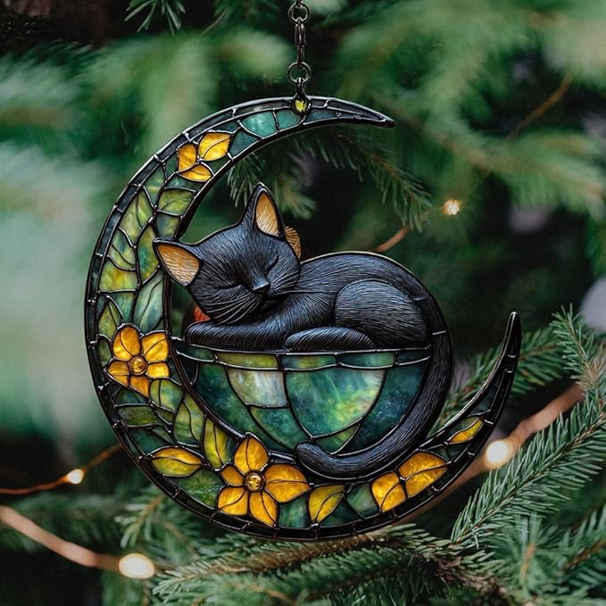 Earthy Tiffany Moon Cat Art Acrylic Suncatcher Stained Glass Effect Window Car Hanging Christmas Ornament Indoor Outdoor Decor Garden Sun Catcher Panel for Fairy Lover for Women Mom Grandma