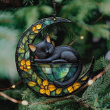 Earthy Tiffany Moon Cat Art Acrylic Suncatcher Stained Glass Effect Window Car Hanging Christmas Ornament Indoor Outdoor Decor Garden Sun Catcher Panel for Fairy Lover for Women Mom Grandma