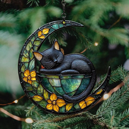 Earthy Tiffany Moon Cat Art Acrylic Suncatcher Stained Glass Effect Window Car Hanging Christmas Ornament Indoor Outdoor Decor Garden Sun Catcher Panel for Fairy Lover for Women Mom Grandma