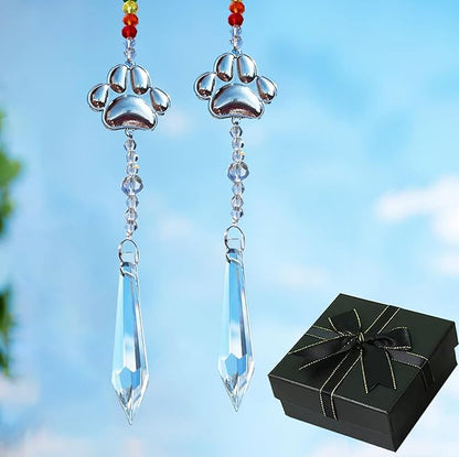 2pcs Pet Dog Cat Paw Print Sun Catcher Pet Memorial Gifts Crystals Prisms Dog Pet Sympathy Hanging Window Garden Decor Wind Chime Rainbow Maker Suncatcher Loss of Dog Gift (Mini Paw)