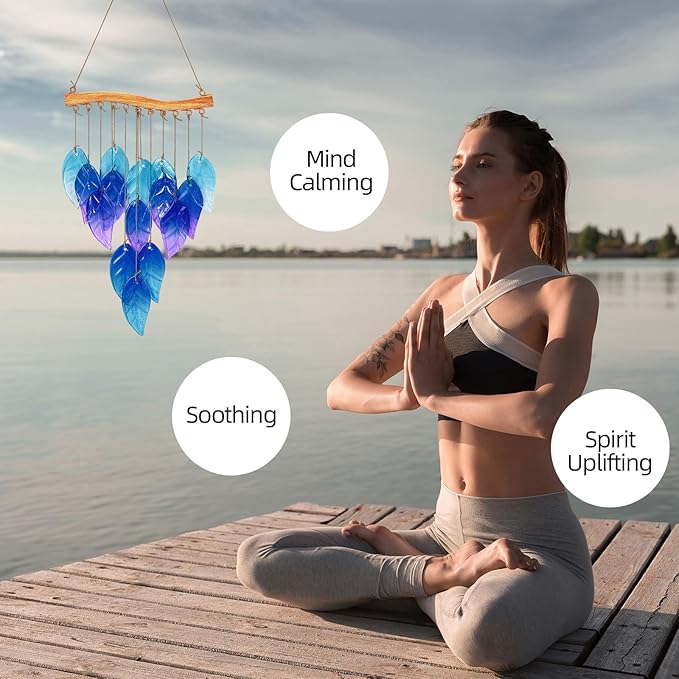 Wind Chimes Blue Glass Leaves, Garden Wind Chime for Home, Party, Festival Decor, Glass Garden Patio Yard Porch Decoration Indoor/Outside, Lifelike Leaf Style