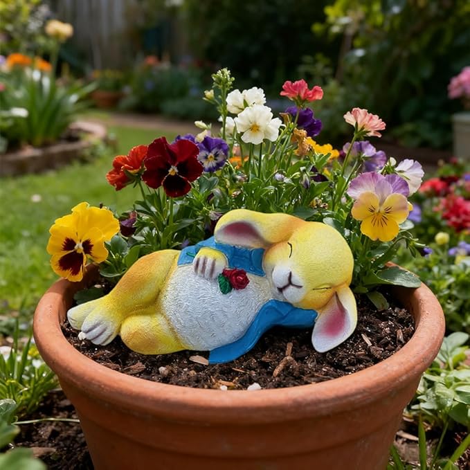 Rabbit Statue Outdoor Decor Garden Sculptures with Bunny Holding Flower Figurines for Home Yard Lawn Ornaments Porch Patio Balcony, Easter Christmas Housewarming Gift for Women Mom Grandma