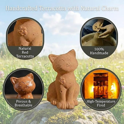 Handmade Terracotta Cat Garden Statue, Rustic Clay Cat Figurine for Outdoor Patio Balcony Yard Decor, Small Cat Sculpture Lawn Ornament Natural Garden Accent 8.3"×4.3"×3.3"